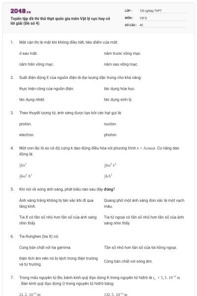 Tuyển tập đề thi thử thpt quốc gia môn Vật lý cực hay có lời giải (Đề số 4)