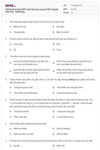 (2024) Đề thi thử THPT môn Sinh học trường THPT Chuyên Trần Phú - Hải Phòng
