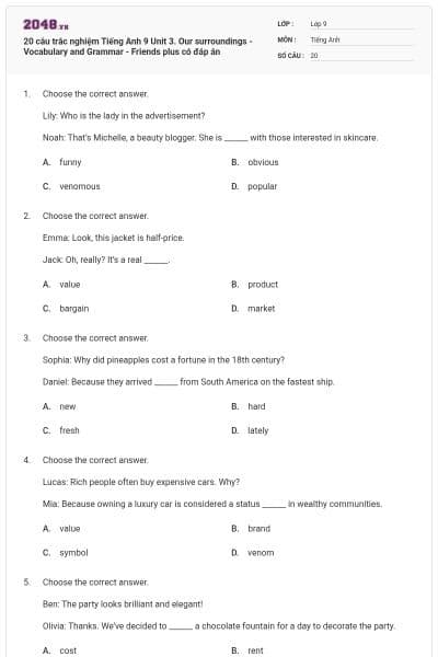 20 câu trắc nghiệm Tiếng Anh 9 Unit 3. Our surroundings - Vocabulary and Grammar - Friends plus có đáp án