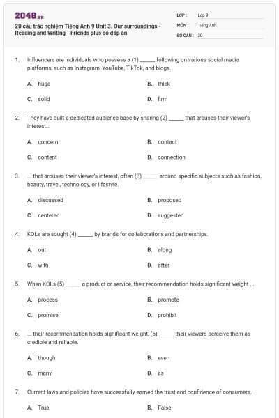 20 câu trắc nghiệm Tiếng Anh 9 Unit 3. Our surroundings - Reading and Writing - Friends plus có đáp án