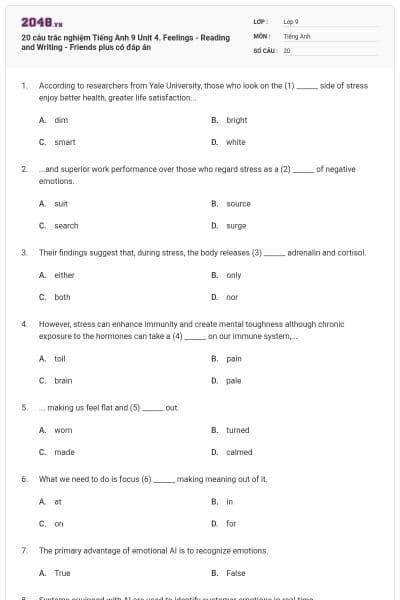 20 câu trắc nghiệm Tiếng Anh 9 Unit 4. Feelings - Reading and Writing - Friends plus có đáp án