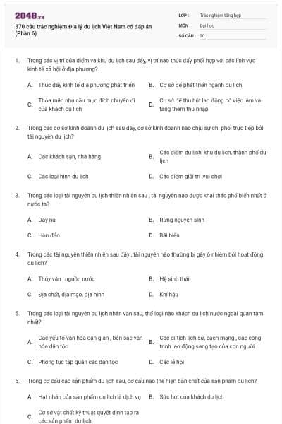 370 câu trắc nghiệm Địa lý du lịch Việt Nam có đáp án (Phần 6)