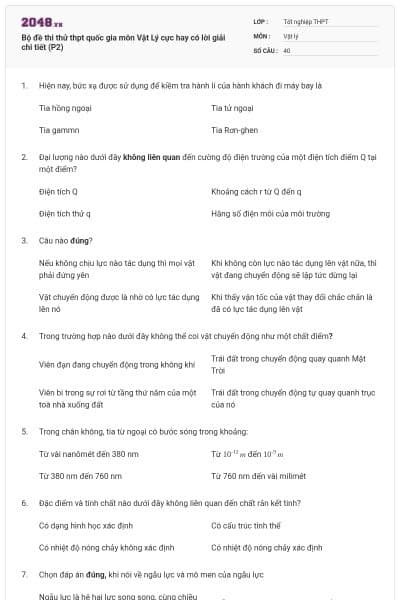 Bộ đề thi thử thpt quốc gia môn Vật Lý cực hay có lời giải chi tiết (P2)