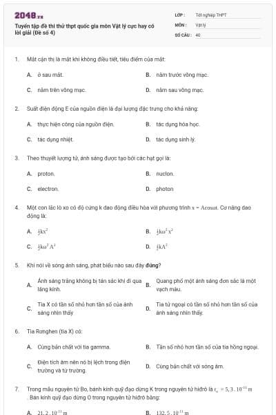 Tuyển tập đề thi thử thpt quốc gia môn Vật lý cực hay có lời giải (Đề số 4)