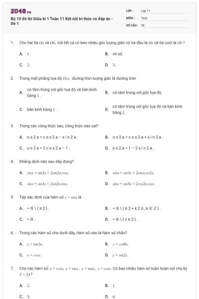 Bộ 10 đề thi Giữa kì 1 Toán 11 Kết nối tri thức có đáp án - Đề 1