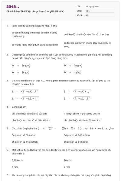 Đề minh họa đề thi Vật Lí cực hay có lời giải (Đề số 4)