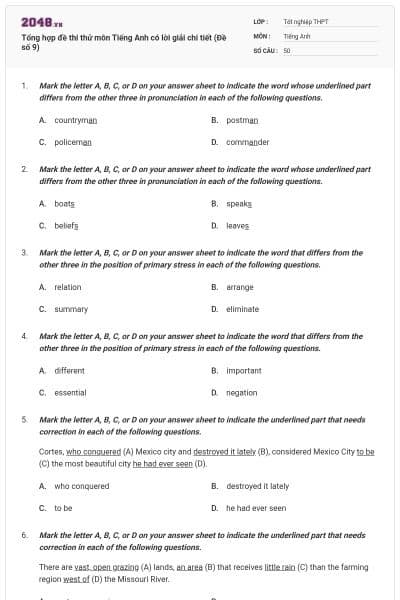 Tổng hợp đề thi thử môn Tiếng Anh có lời giải chi tiết (Đề số 9)
