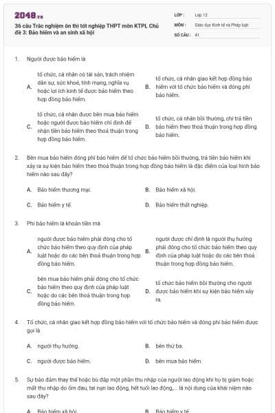 36 câu  Trắc nghiệm ôn thi tốt nghiệp THPT môn KTPL Chủ đề 3: Bảo hiểm và an sinh xã hội