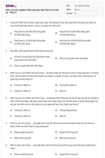 200+ câu trắc nghiệm Pháp luật giao dịch điện tử có đáp án - Phần 2