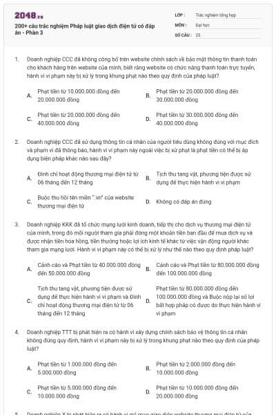 200+ câu trắc nghiệm Pháp luật giao dịch điện tử có đáp án - Phần 3