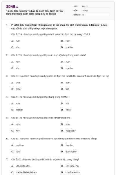 15 câu Trắc nghiệm Tin học 12 Cánh diều Trình bày nội dung theo dạng danh sách, bảng biểu có đáp án