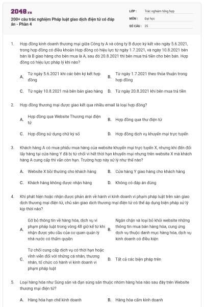 200+ câu trắc nghiệm Pháp luật giao dịch điện tử có đáp án - Phần 4