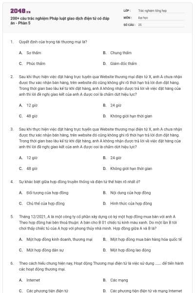 200+ câu trắc nghiệm Pháp luật giao dịch điện tử có đáp án - Phần 5