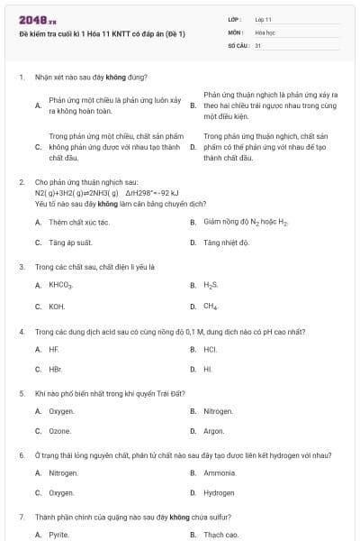 Đề kiểm tra cuối kì 1 Hóa 11 KNTT có đáp án (Đề 1)