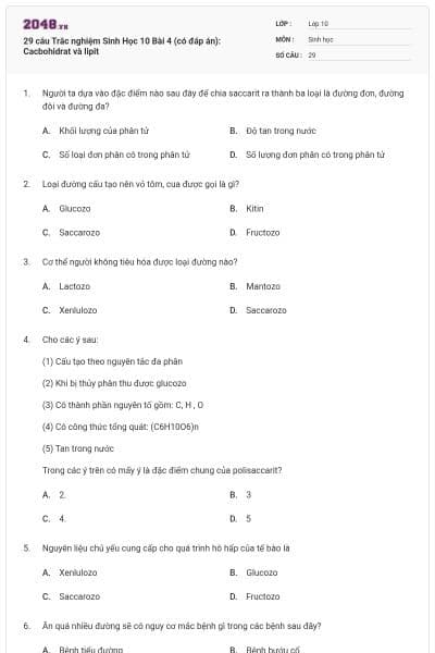 29 câu Trắc nghiệm Sinh Học 10 Bài 4 (có đáp án): Cacbohidrat và lipit