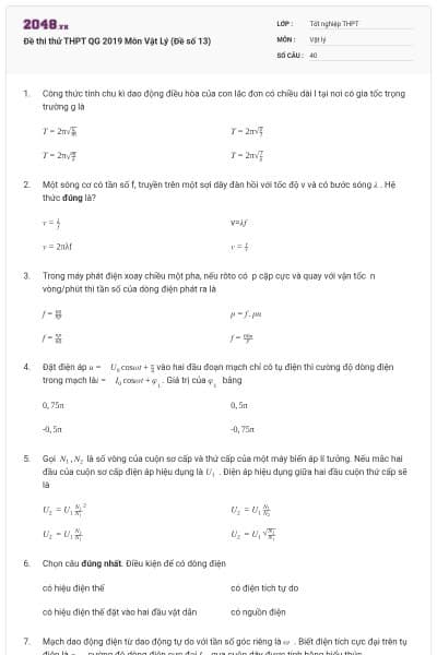 Đề thi thử THPT QG 2019 Môn Vật Lý (Đề số 13)