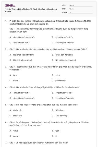 15 câu Trắc nghiệm Tin học 12 Cánh diều Tạo biểu mẫu có đáp án