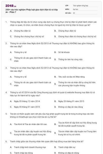 200+ câu trắc nghiệm Pháp luật giao dịch điện tử có đáp án - Phần 7
