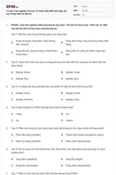 15 câu Trắc nghiệm Tin học 12 Cánh diều Mô hình hộp, bố cục trang web có đáp án