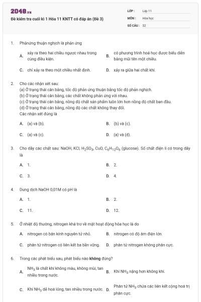 Đề kiểm tra cuối kì 1 Hóa 11 KNTT có đáp án (Đề 3)