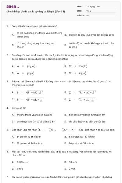 Đề minh họa đề thi Vật Lí cực hay có lời giải (Đề số 4)