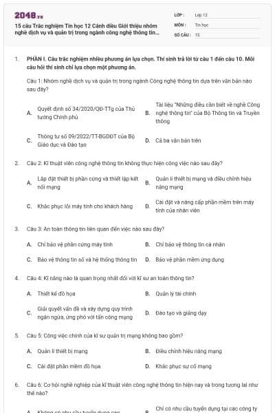15 câu Trắc nghiệm Tin học 12 Cánh diều Giới thiệu nhóm nghề dịch vụ và quản trị trong ngành công nghệ thông tin có đáp án