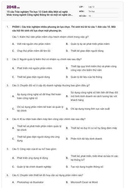 15 câu Trắc nghiệm Tin học 12 Cánh diều Một số nghề khác trong ngành Công nghệ thông tin và một số nghề ứng dụng trong Công nghệ thông tin có đáp án