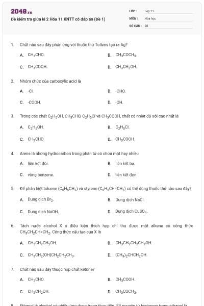 Đề kiểm tra giữa kì 2 Hóa 11 KNTT có đáp án (Đề 1)