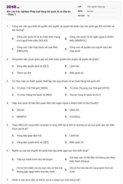 40+ câu trắc nghiệm Pháp luật hàng hải quốc tế có đáp án - Phần 1