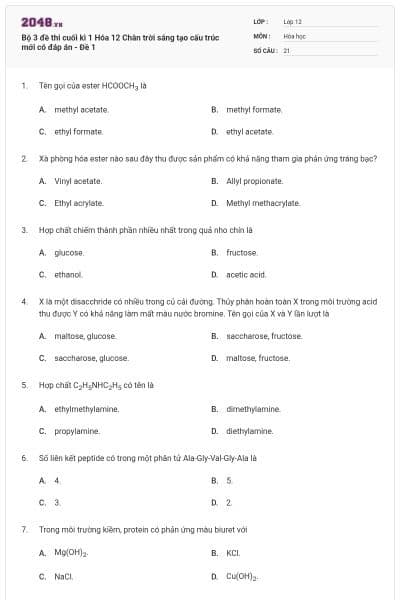 Bộ 3 đề thi cuối kì 1 Hóa 12 Chân trời sáng tạo cấu trúc mới có đáp án - Đề 1