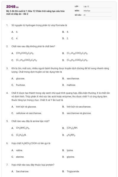 Bộ 3 đề thi cuối kì 1 Hóa 12 Chân trời sáng tạo cấu trúc mới có đáp án - Đề 2