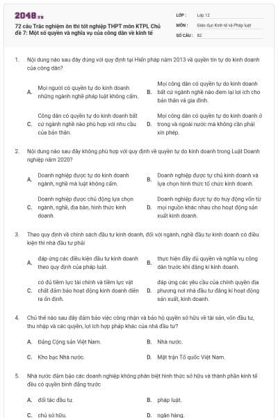 72 câu  Trắc nghiệm ôn thi tốt nghiệp THPT môn KTPL Chủ đề 7: Một số quyền và nghĩa vụ của công dân về kinh tế