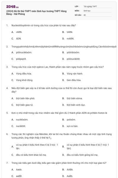 (2024) Đề thi thử THPT môn Sinh học trường THPT Hồng Bàng - Hải Phòng