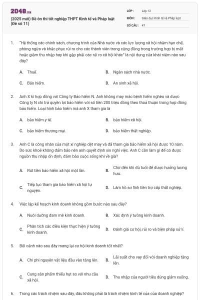 (2025 mới) Đề ôn thi tốt nghiệp THPT Kinh tế và Pháp luật (Đề số 11)