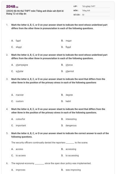 (2024) Đề thi thử THPT môn Tiếng anh khảo sát định kì tháng 12 có đáp án