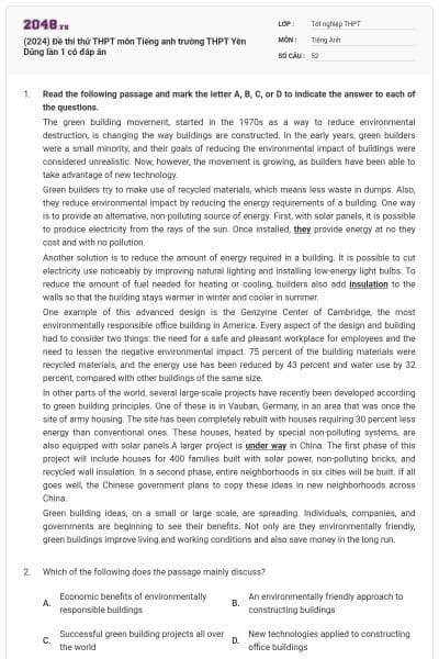 (2024) Đề thi thử THPT môn Tiếng anh trường THPT Yên Dũng lần 1 có đáp án