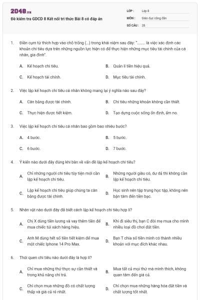 Đề kiểm tra GDCD 8 Kết nối tri thức Bài 8 có đáp án