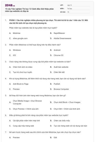 15 câu Trắc nghiệm Tin học 12 Cánh diều Giới thiệu phần mềm tạo website có đáp án