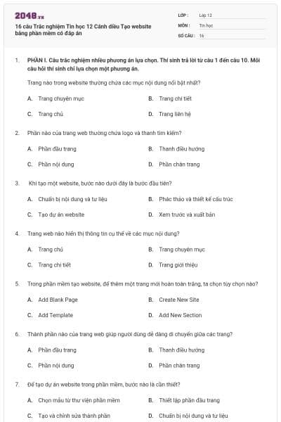 16 câu Trắc nghiệm Tin học 12 Cánh diều Tạo website bắng phần mềm có đáp án