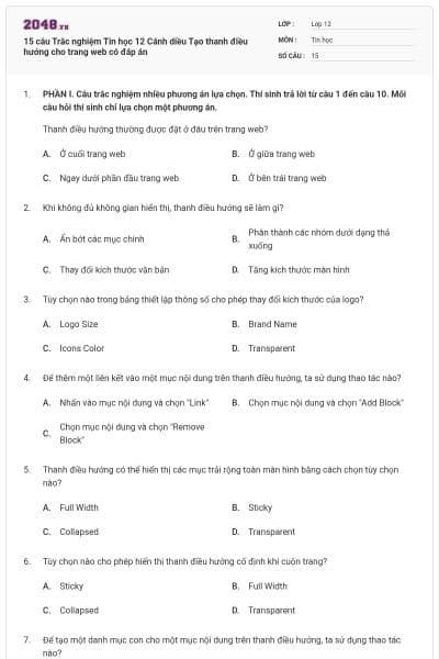 15 câu Trắc nghiệm Tin học 12 Cánh diều Tạo thanh điều hướng cho trang web có đáp án