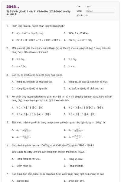 Bộ 5 đề thi giữa kì 1 Hóa 11 Cánh diều (2023-2024) có đáp án - Đề 2