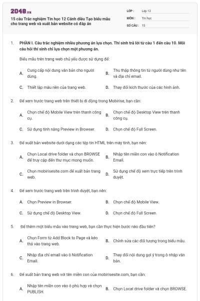 15 câu Trắc nghiệm Tin học 12 Cánh diều Tạo biểu mẫu cho trang web và xuất bản website có đáp án