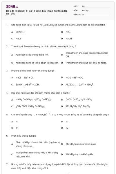 Bộ 5 đề thi giữa kì 1 Hóa 11 Cánh diều (2023-2024) có đáp án - Đề 3