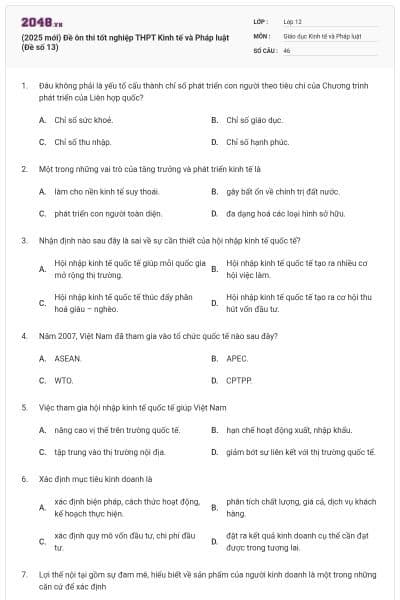 (2025 mới) Đề ôn thi tốt nghiệp THPT Kinh tế và Pháp luật (Đề số 13)