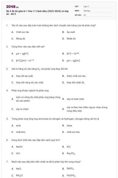 Bộ 5 đề thi giữa kì 1 Hóa 11 Cánh diều (2023-2024) có đáp án - Đề 5