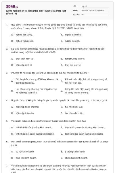 (2025 mới) Đề ôn thi tốt nghiệp THPT Kinh tế và Pháp luật (Đề số 14)