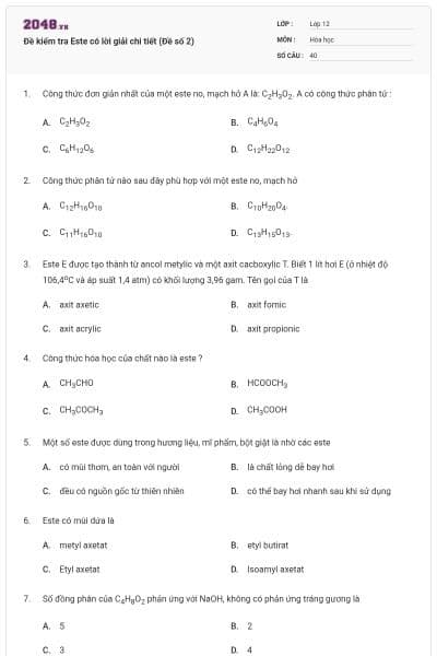 Đề kiểm tra Este có lời giải chi tiết (Đề số 2)