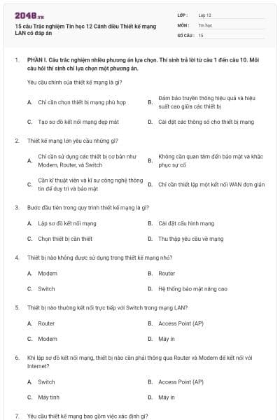 15 câu Trắc nghiệm Tin học 12 Cánh diều Thiết kế mạng LAN có đáp án