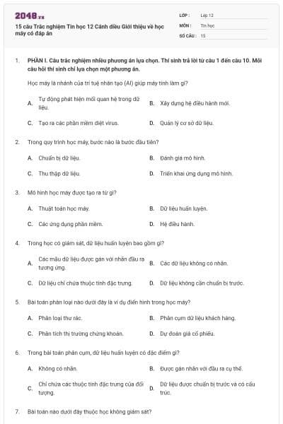 15 câu Trắc nghiệm Tin học 12 Cánh diều Giới thiệu về học máy có đáp án