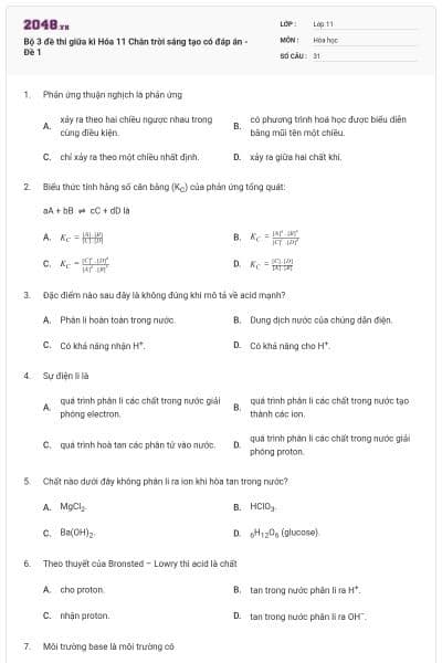 Bộ 3 đề thi giữa kì Hóa 11 Chân trời sáng tạo có đáp án - Đề 1